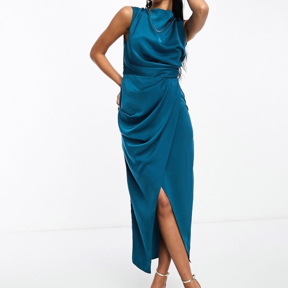 ASOS Dresses & Skirts - ASOS Teal Satin Draped Midi Dress size 8